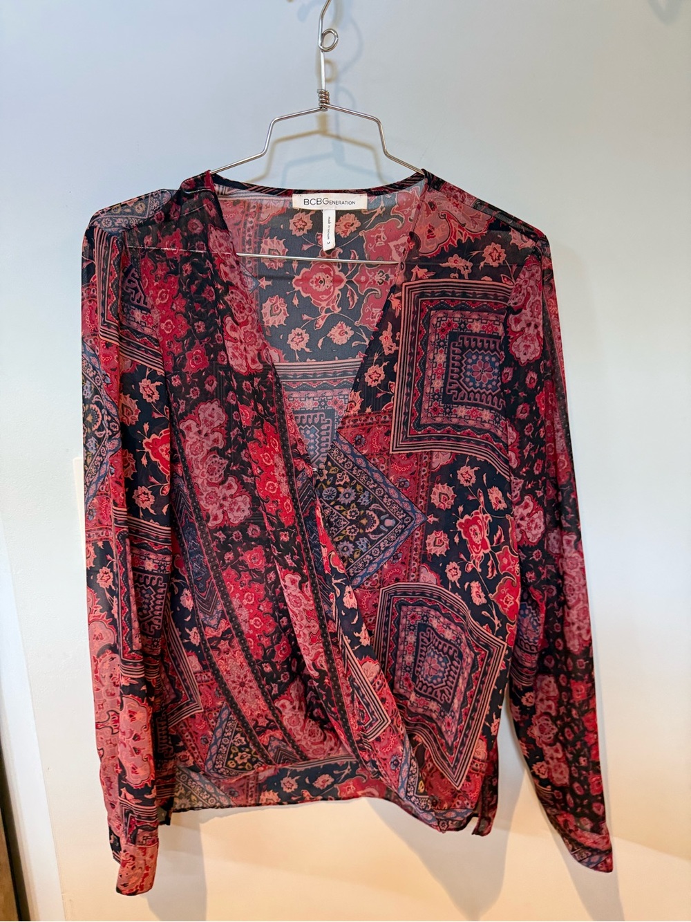BCBGeneration Black and Red Paisley Wrap Blouse